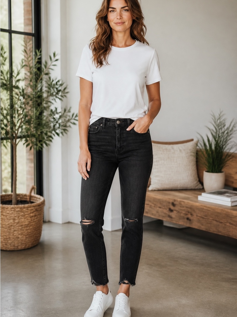Free People Black Mid-Rise Skinny Jeans with Knee Rips